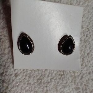 Black teardrop button post earrings